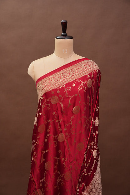 Pure Mashru Silk Saree in Deep Red with Intricate Jaal Weave