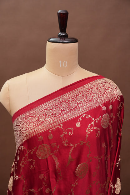 Pure Mashru Silk Saree in Deep Red with Intricate Jaal Weave