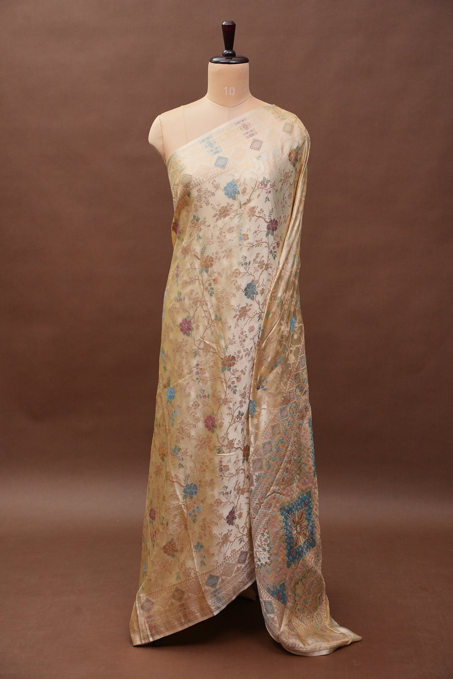 Ivory Banarasi Satin Silk Saree with Meenakari Floral Zari Weave & Heritage Brocade Pallu