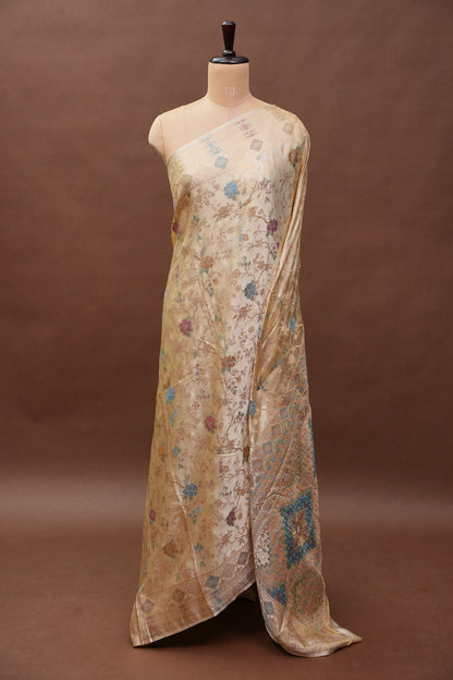 Ivory Banarasi Satin Silk Saree with Meenakari Floral Zari Weave & Heritage Brocade Pallu