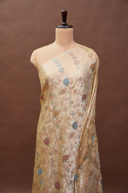 Ivory Banarasi Satin Silk Saree with Meenakari Floral Zari Weave & Heritage Brocade Pallu