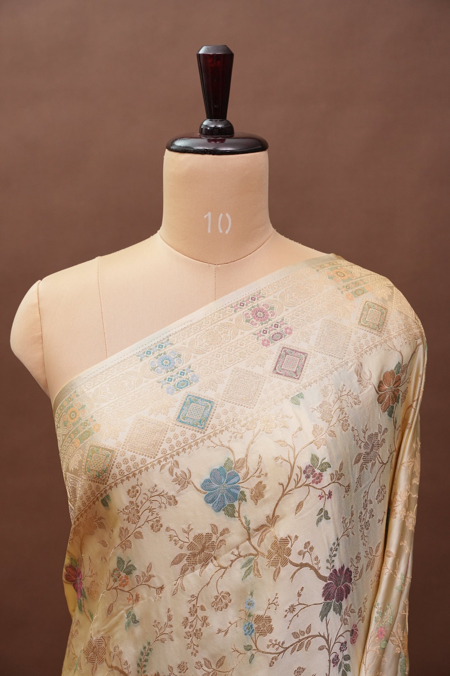 Ivory Banarasi Satin Silk Saree with Meenakari Floral Zari Weave & Heritage Brocade Pallu