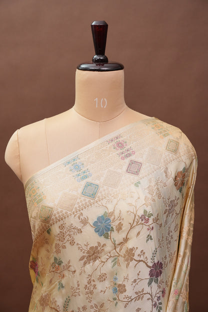 Ivory Banarasi Satin Silk Saree with Meenakari Floral Zari Weave & Heritage Brocade Pallu