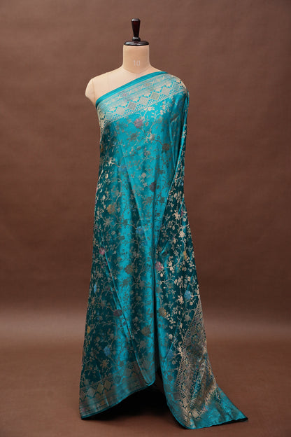 Turquoise Blue Banarasi Satin Silk Saree with Meenakari Floral Zari Weave & Rich Brocade Border