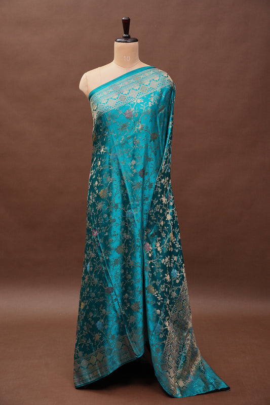 Turquoise Blue Banarasi Satin Silk Saree with Meenakari Floral Zari Weave & Rich Brocade Border