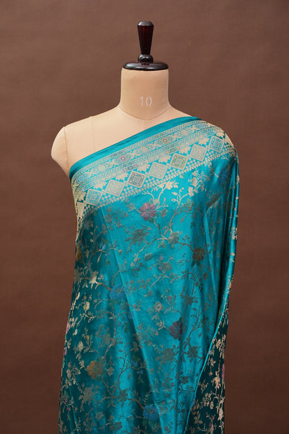 Turquoise Blue Banarasi Satin Silk Saree with Meenakari Floral Zari Weave & Rich Brocade Border