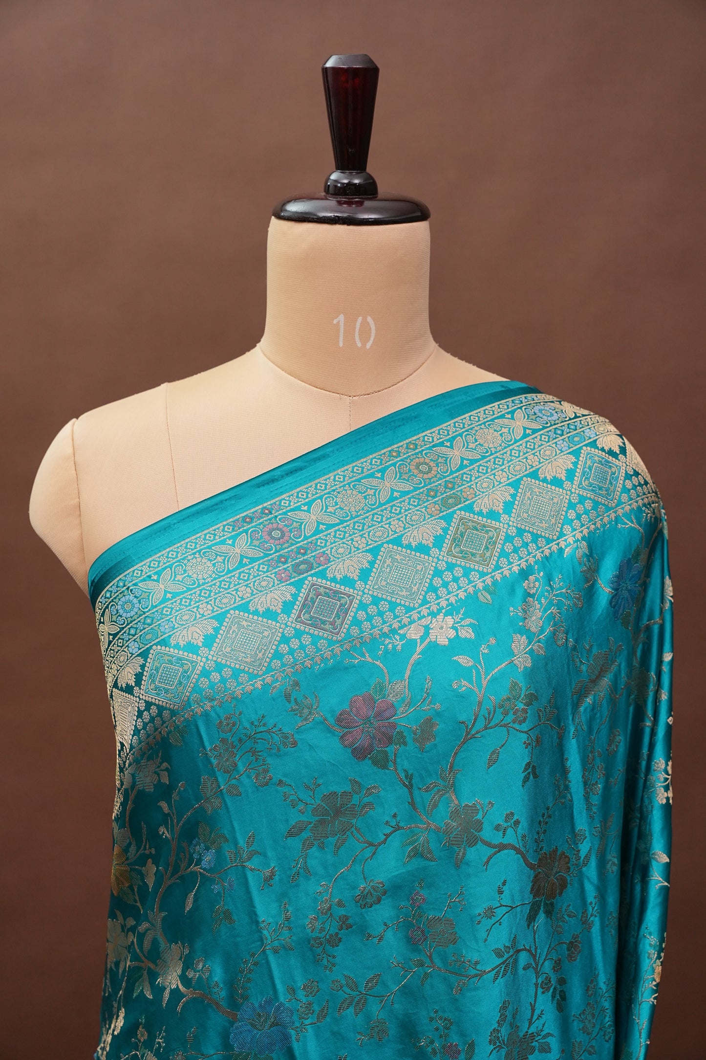 Turquoise Blue Banarasi Satin Silk Saree with Meenakari Floral Zari Weave & Rich Brocade Border