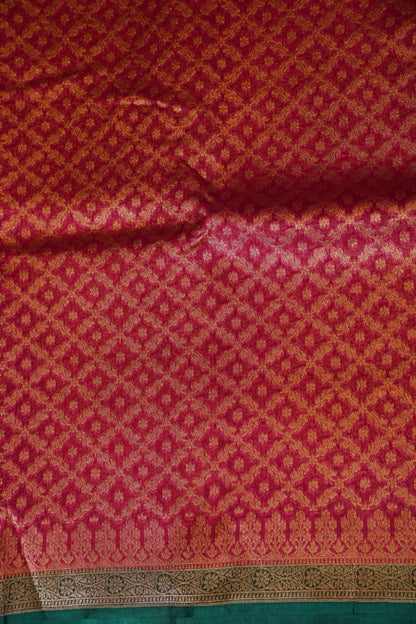 Pure Banarasi Organza(Kora) Silk Handloom Saree with Antique Zari Jaal – Deep Pink with Emerald Green Border | Silk Mark Certified
