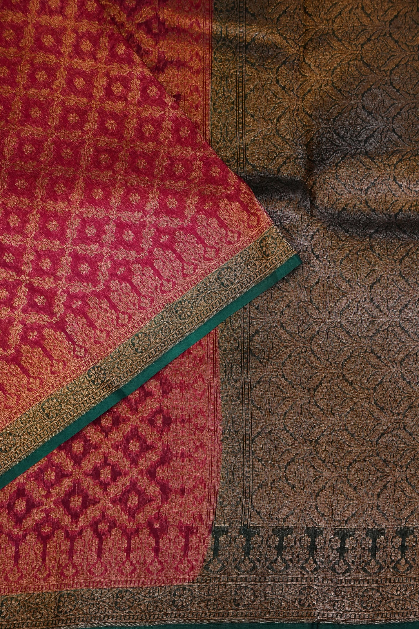 Pure Banarasi Organza(Kora) Silk Handloom Saree with Antique Zari Jaal – Deep Pink with Emerald Green Border | Silk Mark Certified