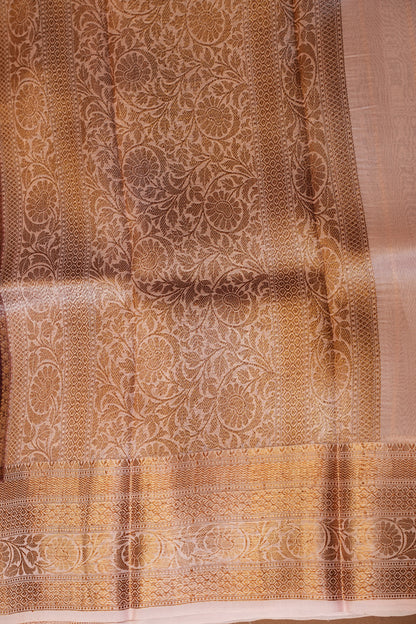 Pure Banarasi Organza (Kora) Silk Handloom Saree with Antique Gold Zari Buttas & Border – Coffee Brown with Baby Pink | Silk Mark Certified