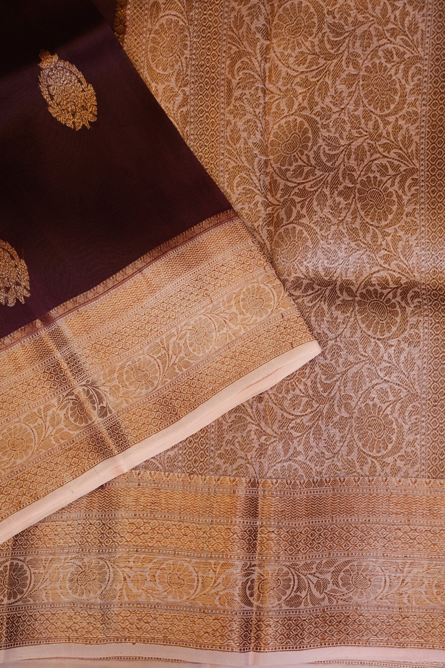 Pure Banarasi Organza (Kora) Silk Handloom Saree with Antique Gold Zari Buttas & Border – Coffee Brown with Baby Pink | Silk Mark Certified