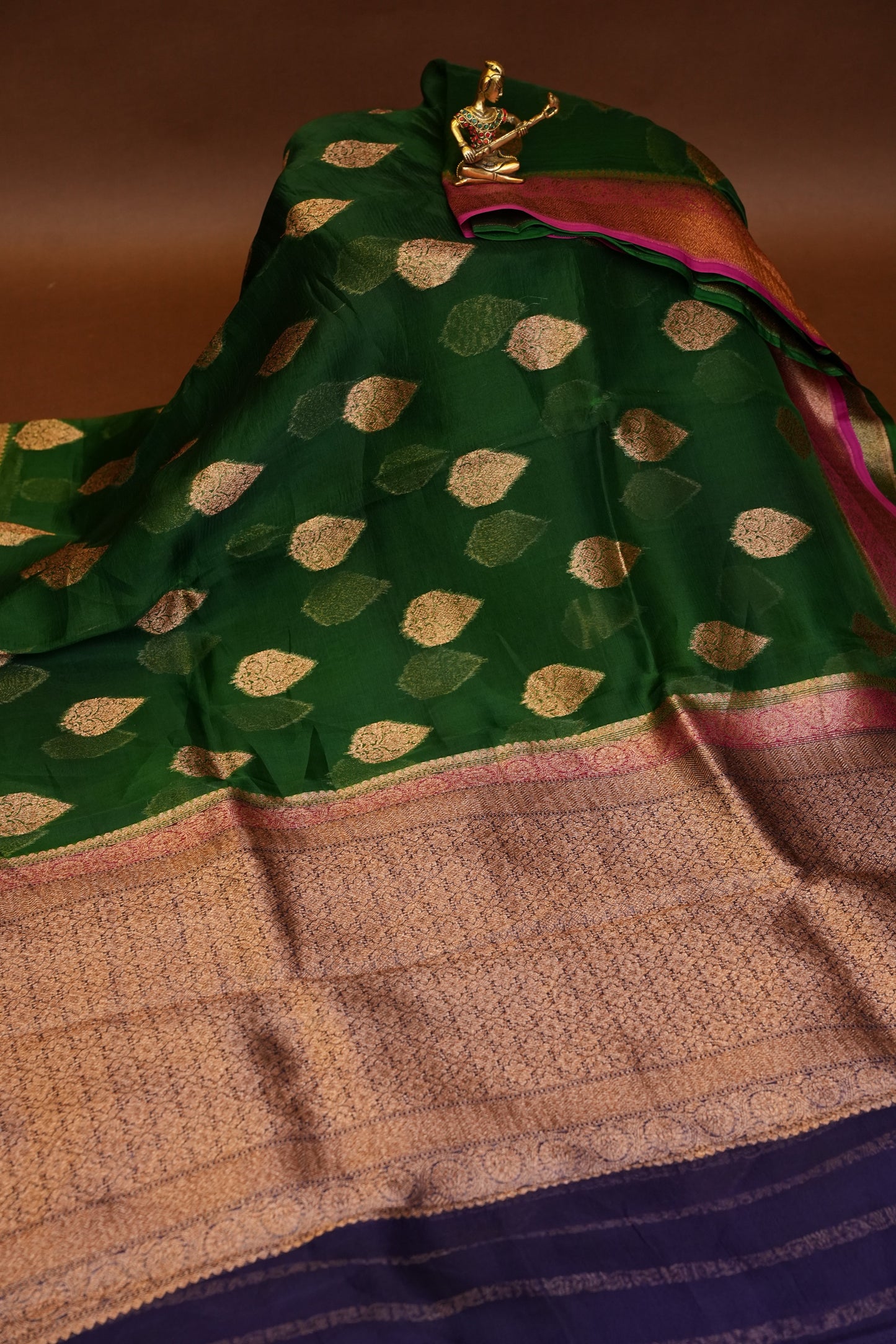 Pure Banarasi Organza(Kora) Silk Handloom Saree with Antique Zari Buttas & Border – Emerald Green with Pink & Purple | Silk Mark Certified