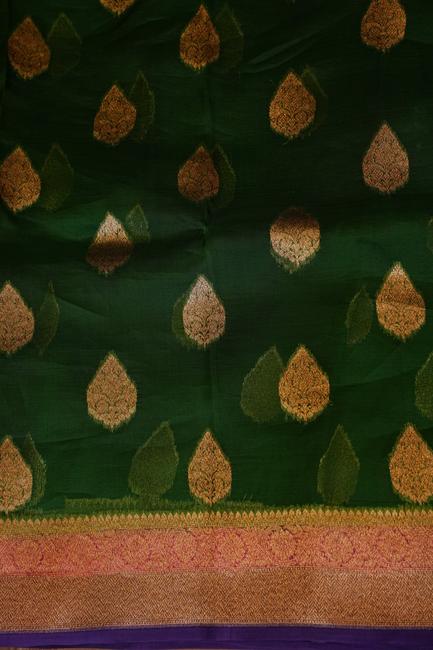 Pure Banarasi Organza(Kora) Silk Handloom Saree with Antique Zari Buttas & Border – Emerald Green with Pink & Purple | Silk Mark Certified