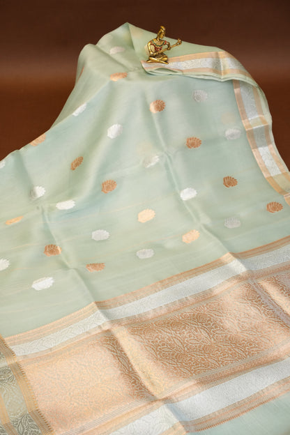 Pure Banarasi Organza(Kora) Silk Handloom Saree with Silver & Gold Zari Buttas & Border – Powder Blue | Silk Mark Certified