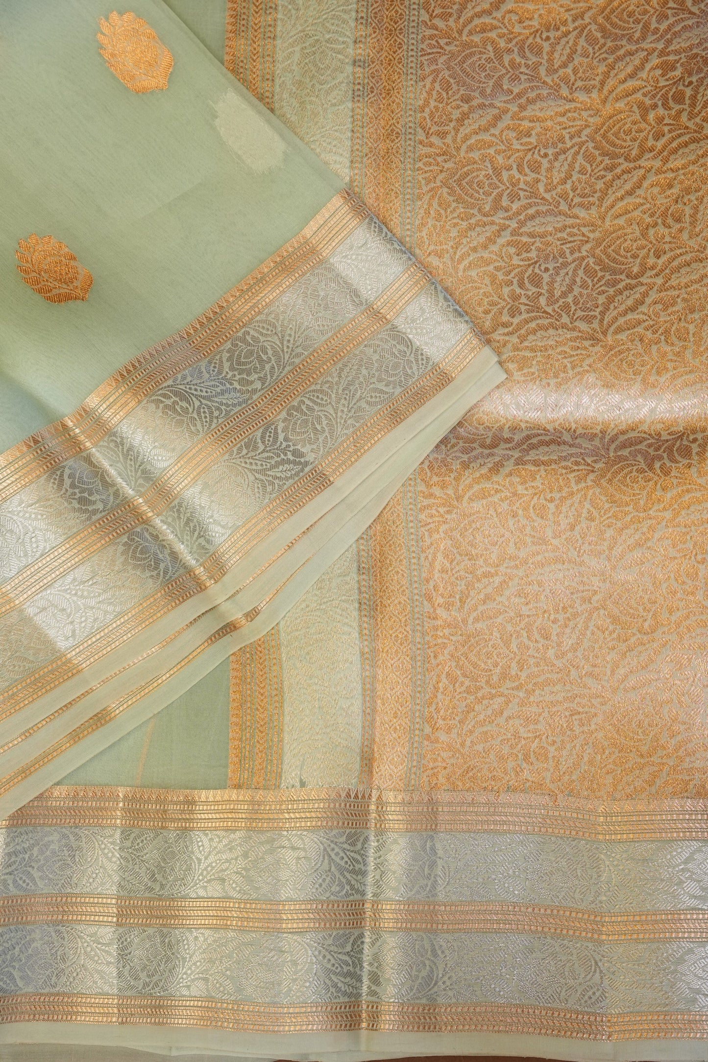 Pure Banarasi Organza(Kora) Silk Handloom Saree with Silver & Gold Zari Buttas & Border – Powder Blue | Silk Mark Certified