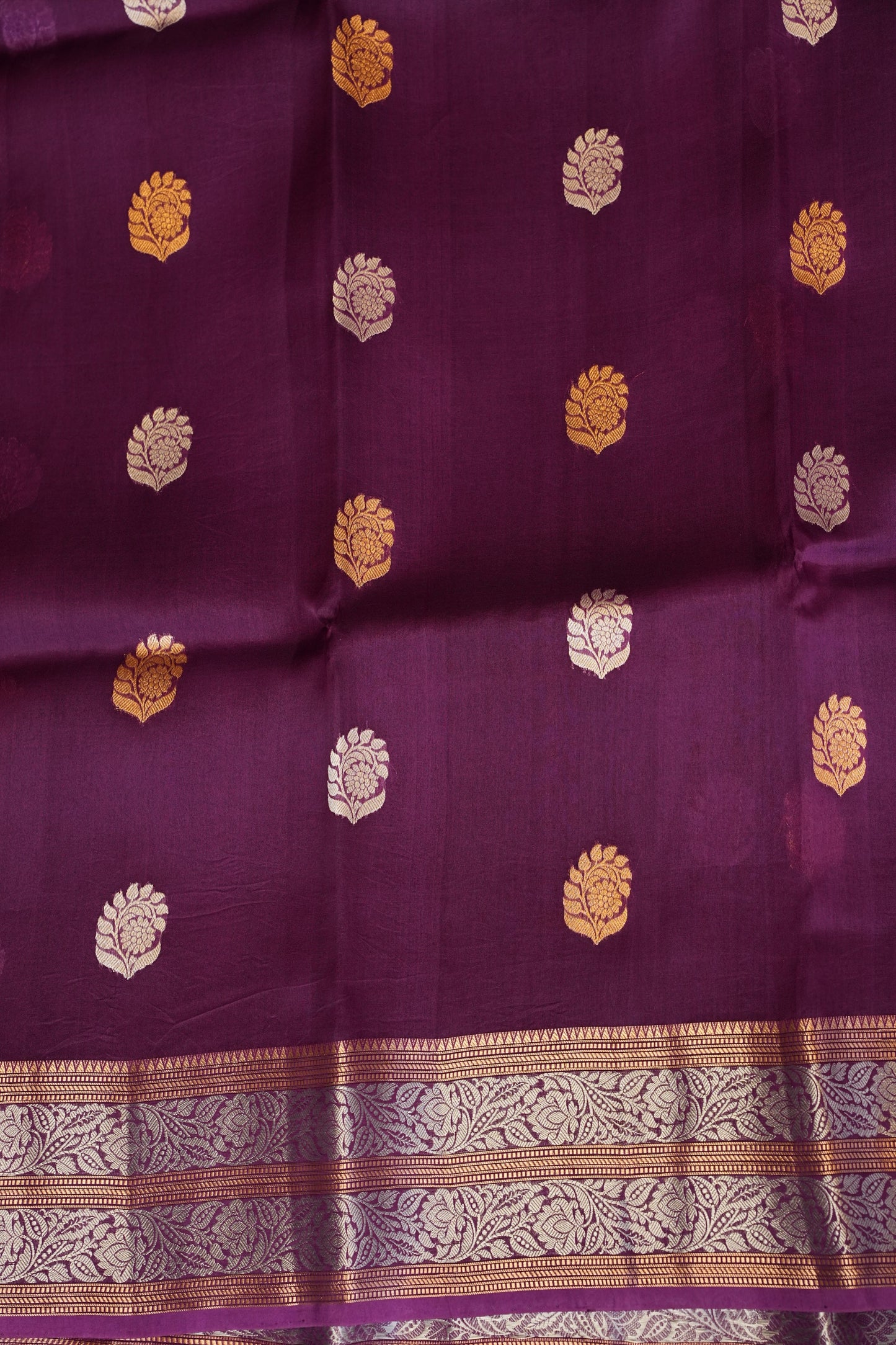 Pure Banarasi Organza(Kora) Silk Handloom Saree with Gold & Silver Zari Buttas – Burgundy | Silk Mark Certified