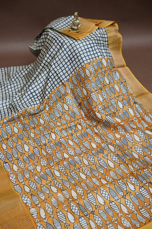 Pure Tussar Silk Saree in Ivory Checks with Mustard Yellow|Silk Mark Certified
