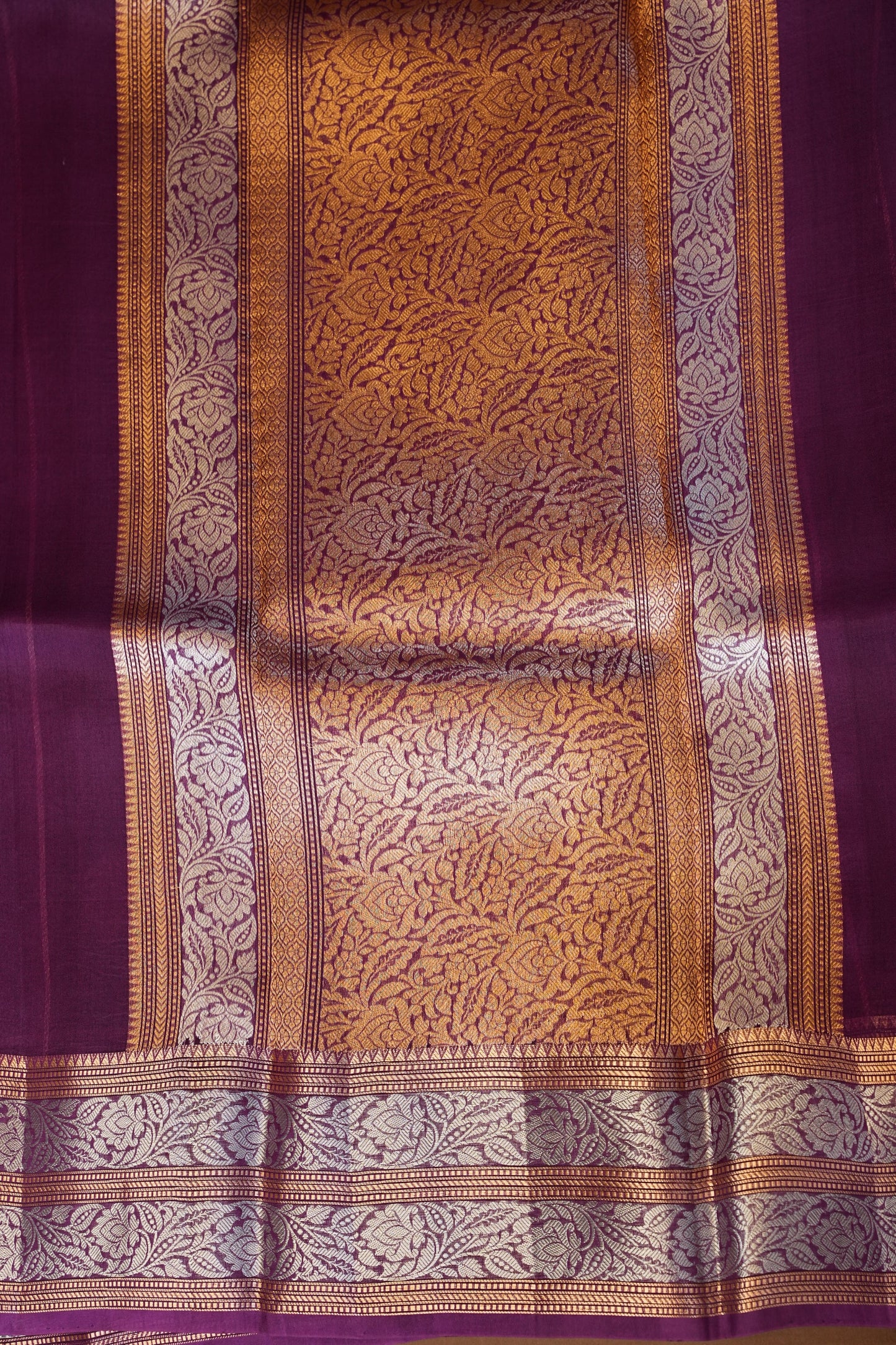 Pure Banarasi Organza(Kora) Silk Handloom Saree with Gold & Silver Zari Buttas – Burgundy | Silk Mark Certified