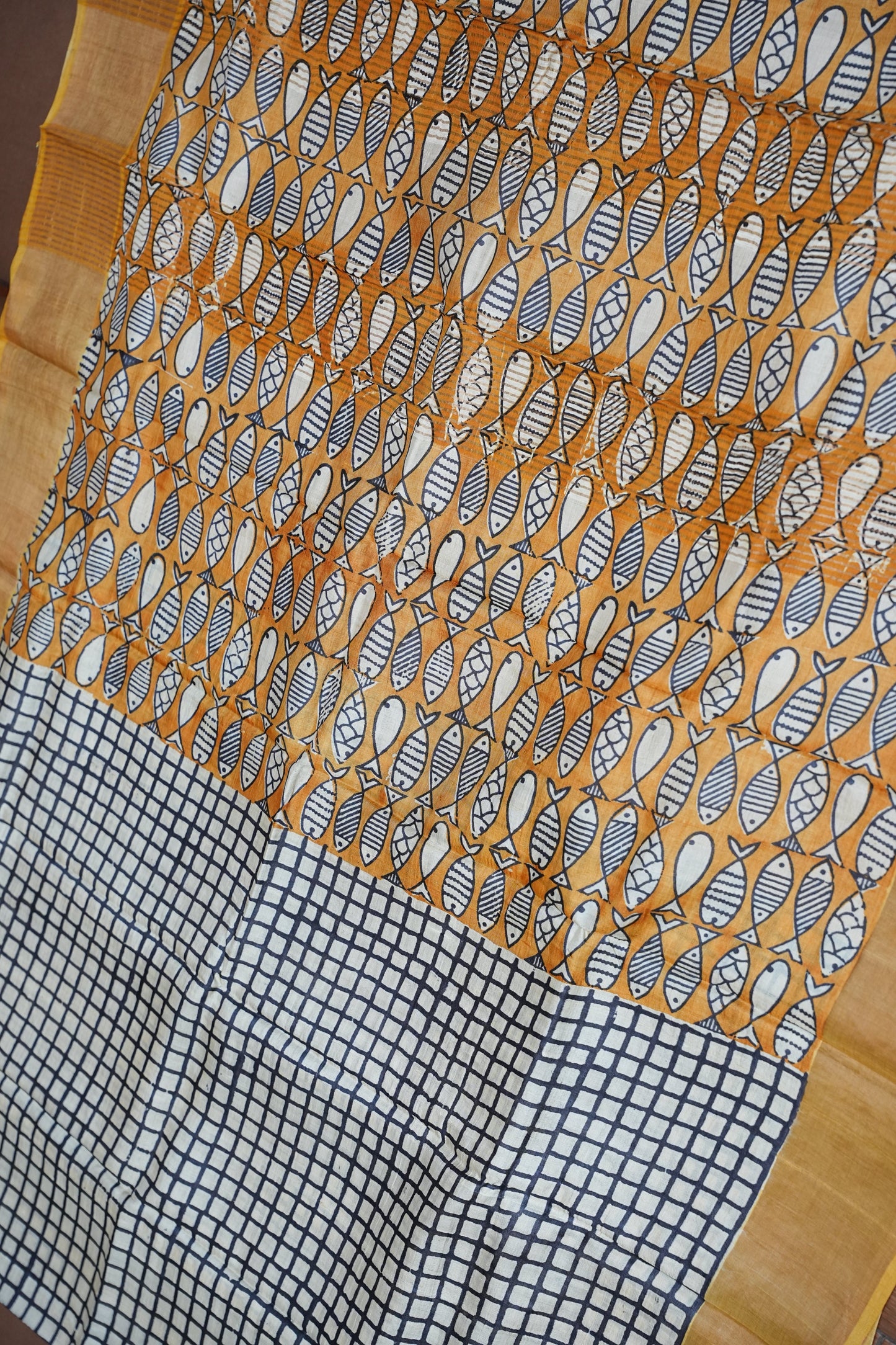 Pure Tussar Silk Saree in Ivory Checks with Mustard Yellow|Silk Mark Certified