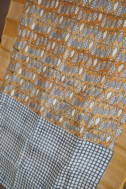 Pure Tussar Silk Saree in Ivory Checks with Mustard Yellow|Silk Mark Certified