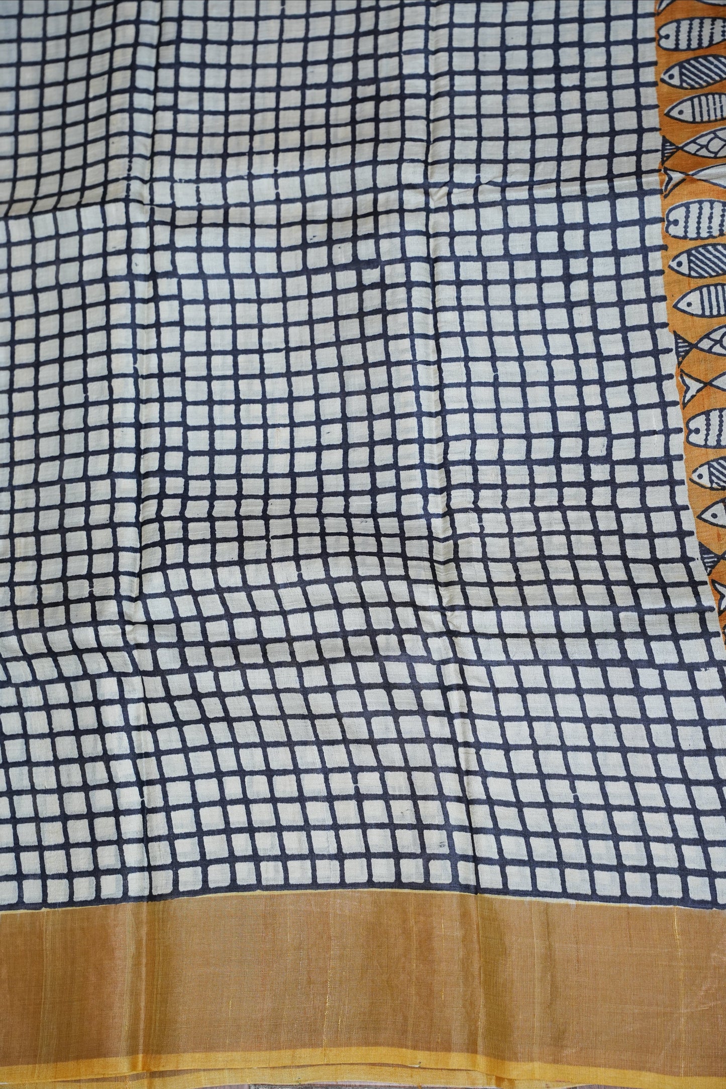 Pure Tussar Silk Saree in Ivory Checks with Mustard Yellow|Silk Mark Certified
