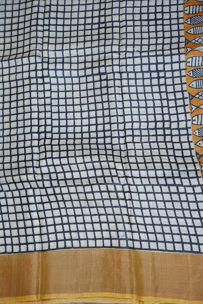 Pure Tussar Silk Saree in Ivory Checks with Mustard Yellow|Silk Mark Certified