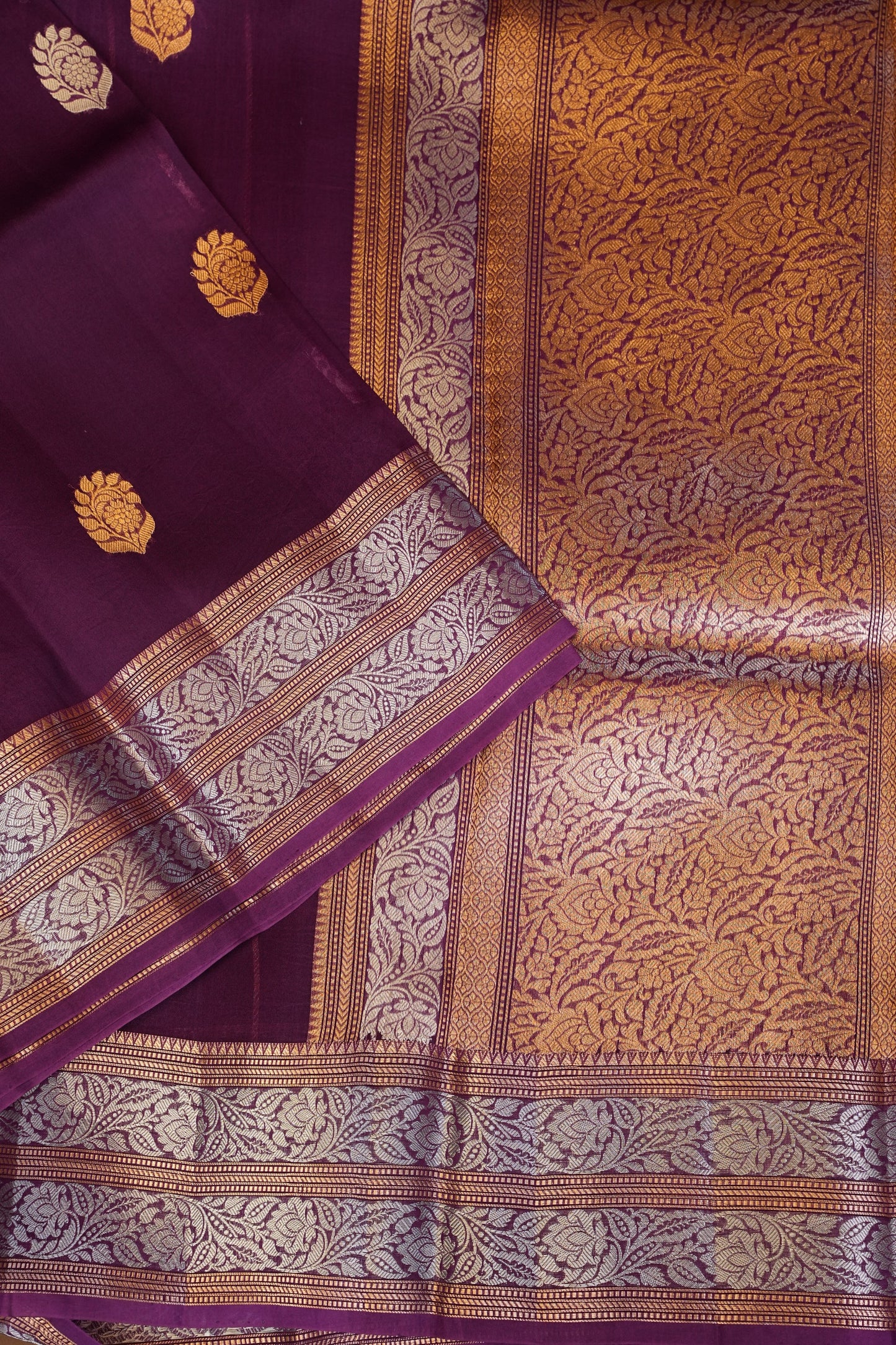 Pure Banarasi Organza(Kora) Silk Handloom Saree with Gold & Silver Zari Buttas – Burgundy | Silk Mark Certified