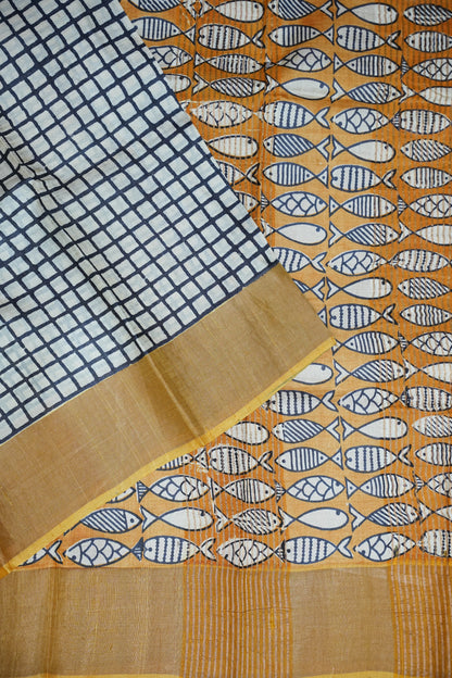 Pure Tussar Silk Saree in Ivory Checks with Mustard Yellow|Silk Mark Certified