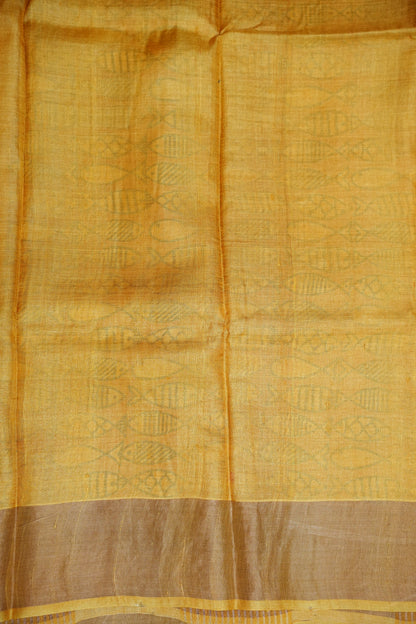 Pure Tussar Silk Saree in Ivory Checks with Mustard Yellow|Silk Mark Certified