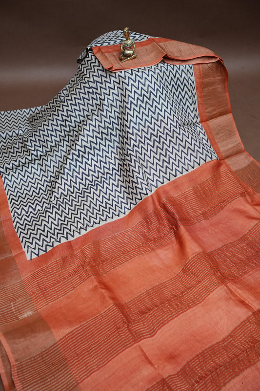 Pure Tussar Silk Saree in Ivory Chevron Weave with Terracotta Rust Pallu|Silk Mark Certified