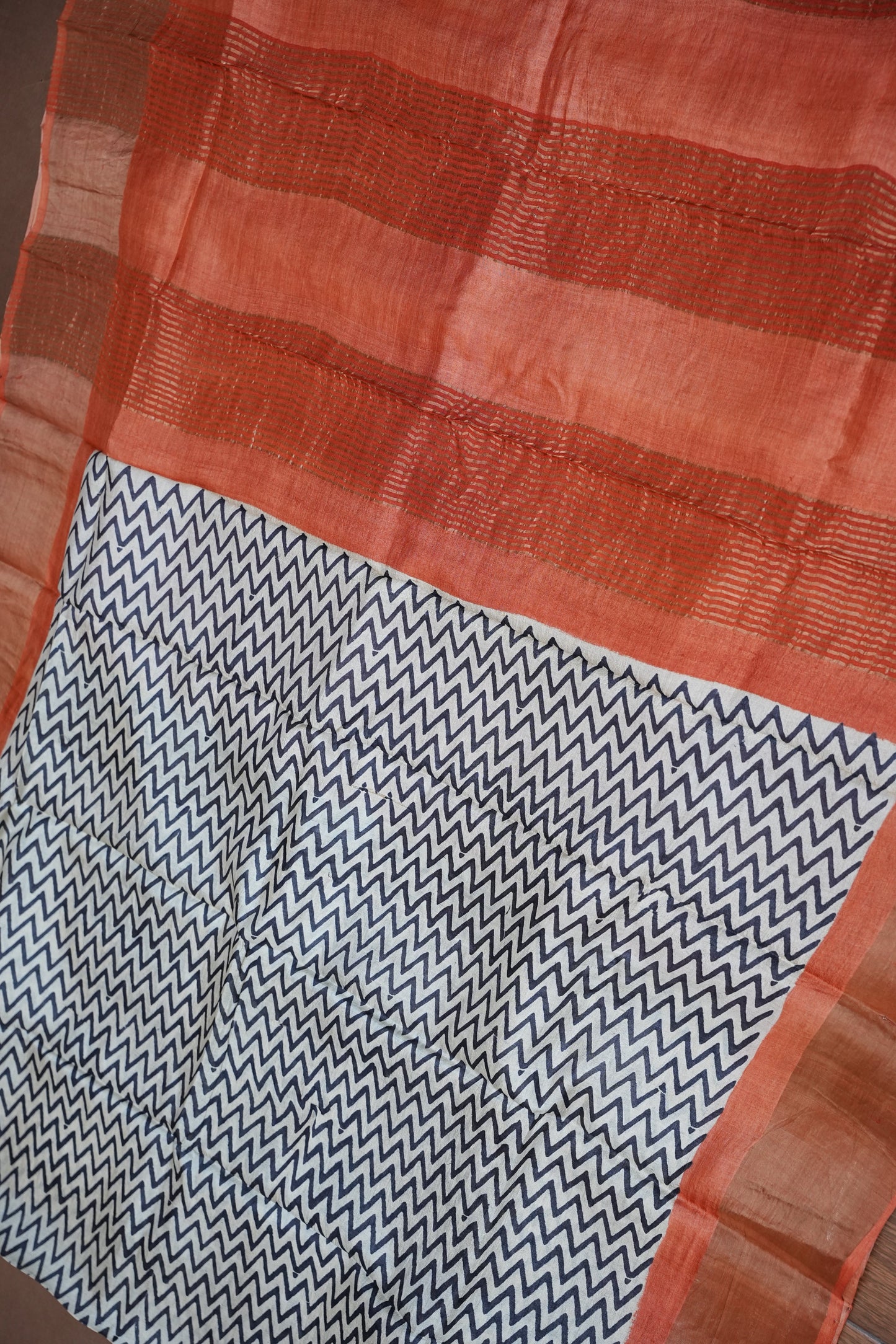 Pure Tussar Silk Saree in Ivory Chevron Weave with Terracotta Rust Pallu|Silk Mark Certified
