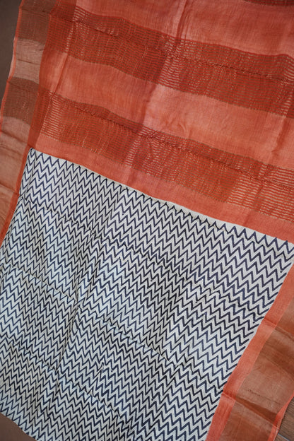 Pure Tussar Silk Saree in Ivory Chevron Weave with Terracotta Rust Pallu|Silk Mark Certified