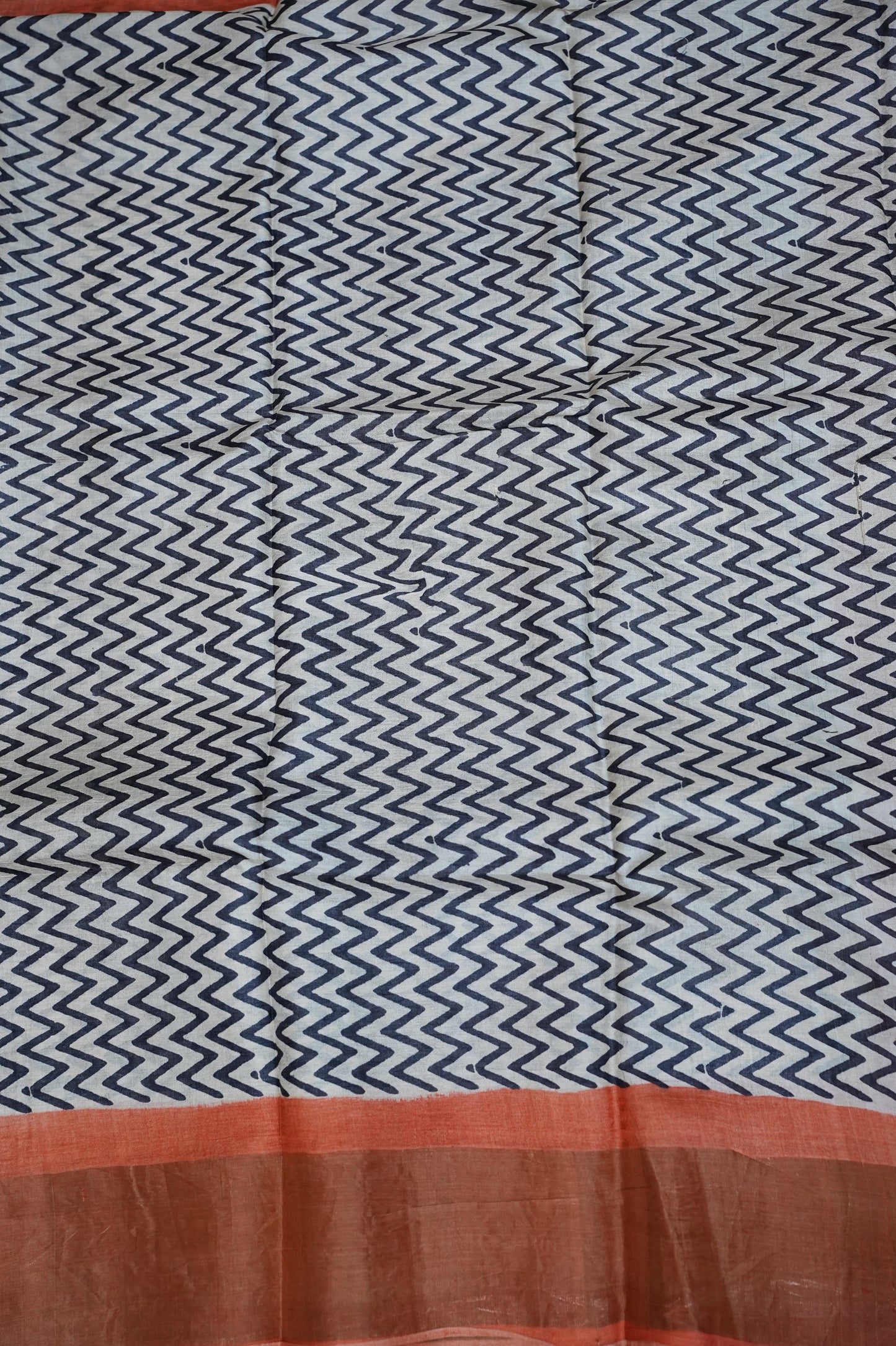 Pure Tussar Silk Saree in Ivory Chevron Weave with Terracotta Rust Pallu|Silk Mark Certified