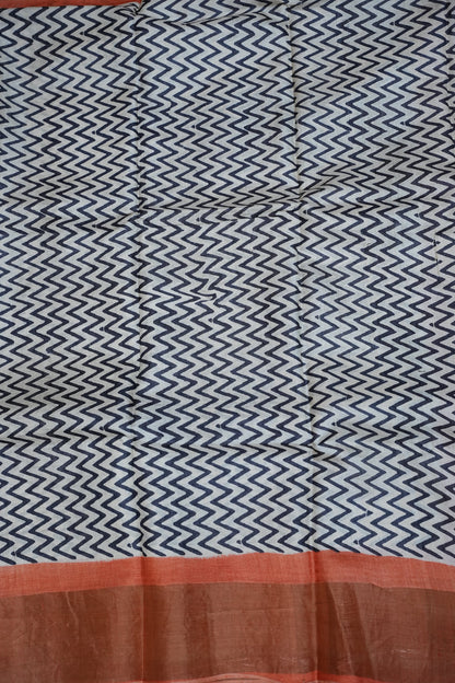 Pure Tussar Silk Saree in Ivory Chevron Weave with Terracotta Rust Pallu|Silk Mark Certified