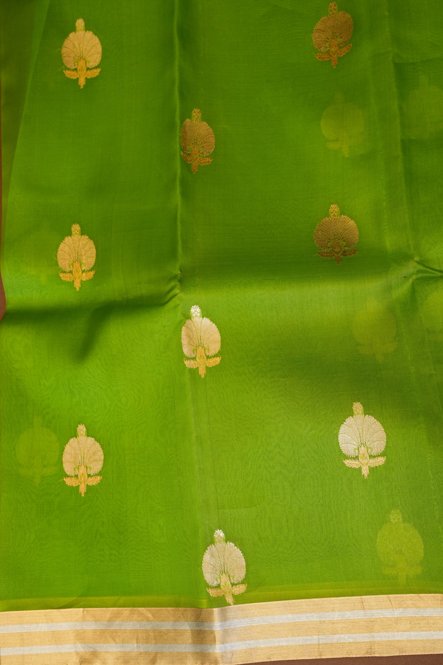 Pure Banarasi Organza(Kora) Silk Handloom Saree with Gold Zari Buttas & Border – Parrot Green | Silk Mark Certified