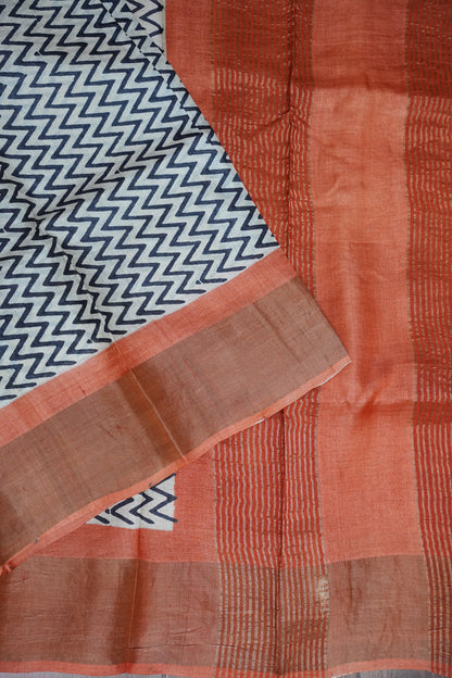 Pure Tussar Silk Saree in Ivory Chevron Weave with Terracotta Rust Pallu|Silk Mark Certified