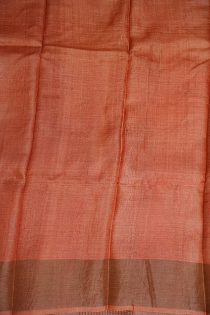 Pure Tussar Silk Saree in Ivory Chevron Weave with Terracotta Rust Pallu|Silk Mark Certified