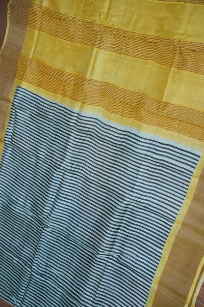 Pure Tussar Silk Saree Steel Grey with Lemon Yellow Pallu|Silk Mark Certified