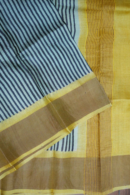 Pure Tussar Silk Saree Steel Grey with Lemon Yellow Pallu|Silk Mark Certified