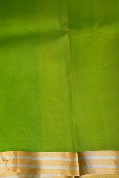 Pure Banarasi Organza(Kora) Silk Handloom Saree with Gold Zari Buttas & Border – Parrot Green | Silk Mark Certified