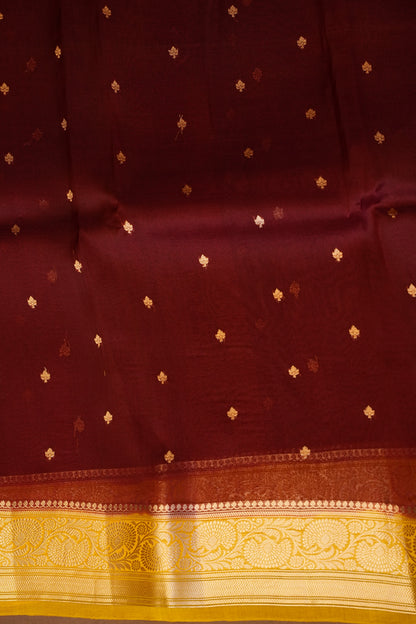 Pure Banarasi Organza (Kora) Silk Handloom Saree with Antique Gold Zari Buttas & Border – Maroon & Mustard | Silk Mark Certified