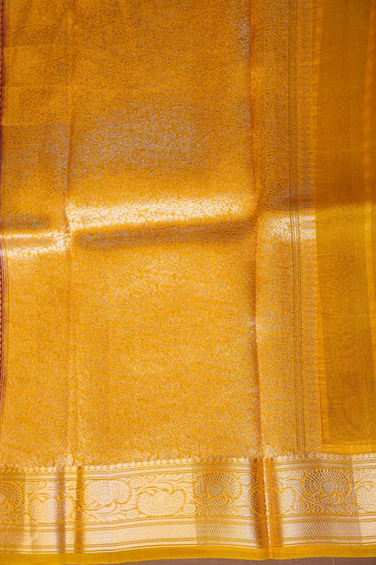 Pure Banarasi Organza (Kora) Silk Handloom Saree with Antique Gold Zari Buttas & Border – Maroon & Mustard | Silk Mark Certified