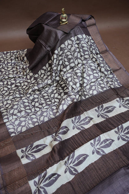 Pure Tussar Silk Saree in Choclate brown and White Floral Vines|Silk Mark Certified