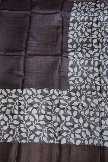 Pure Tussar Silk Saree in Choclate brown and White Floral Vines|Silk Mark Certified