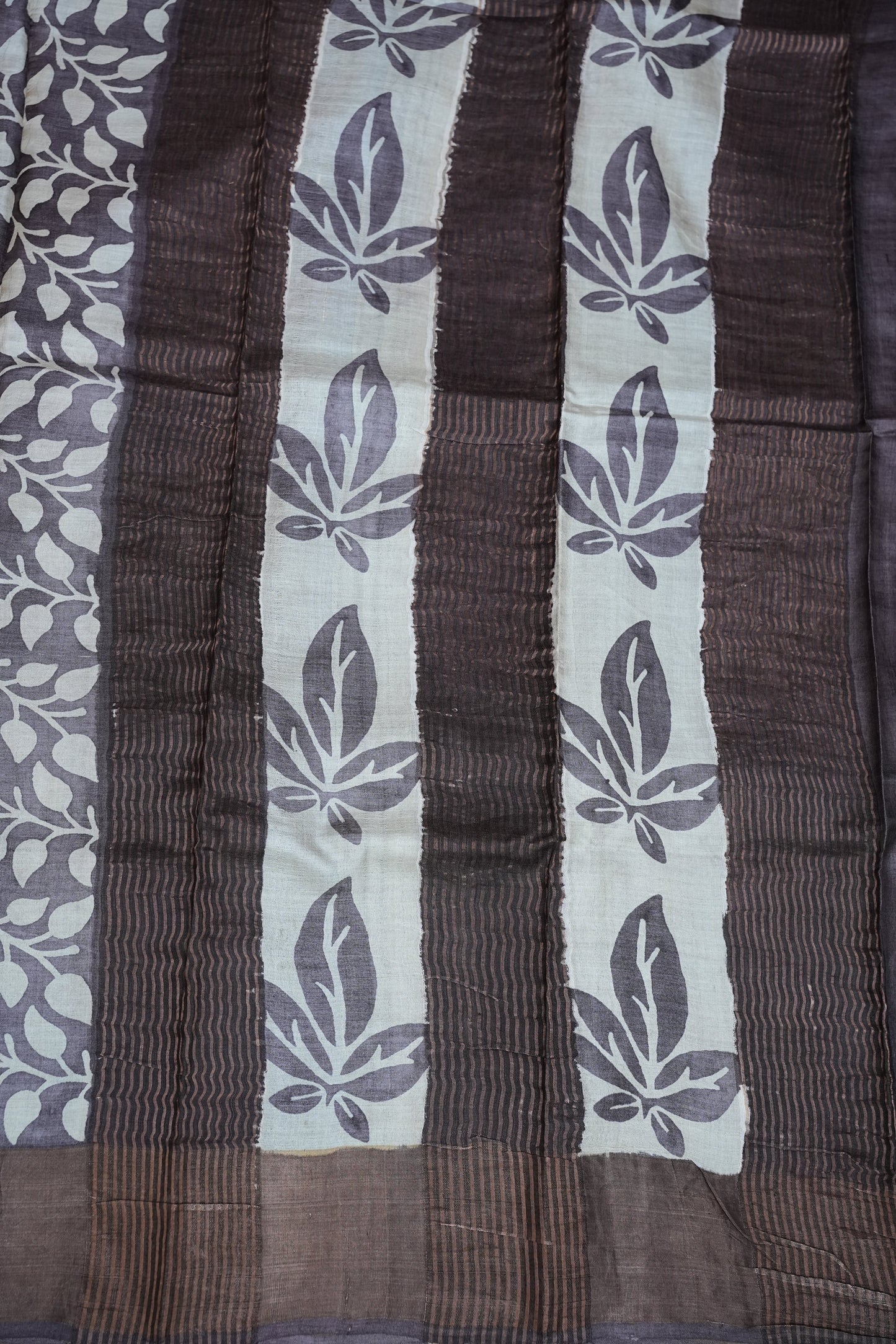 Pure Tussar Silk Saree in Choclate brown and White Floral Vines|Silk Mark Certified