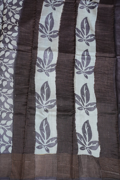 Pure Tussar Silk Saree in Choclate brown and White Floral Vines|Silk Mark Certified