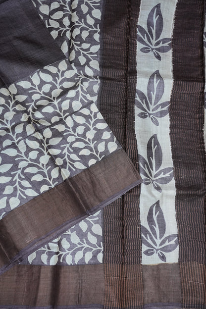 Pure Tussar Silk Saree in Choclate brown and White Floral Vines|Silk Mark Certified
