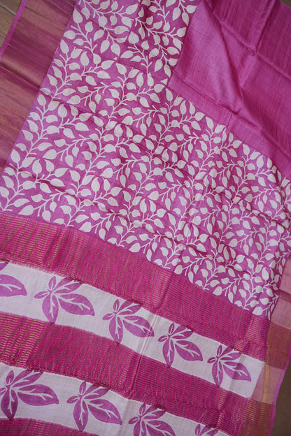 Pure Tussar Silk Saree in Magenta Pink with Leaf Vines|Silk Mark Certified