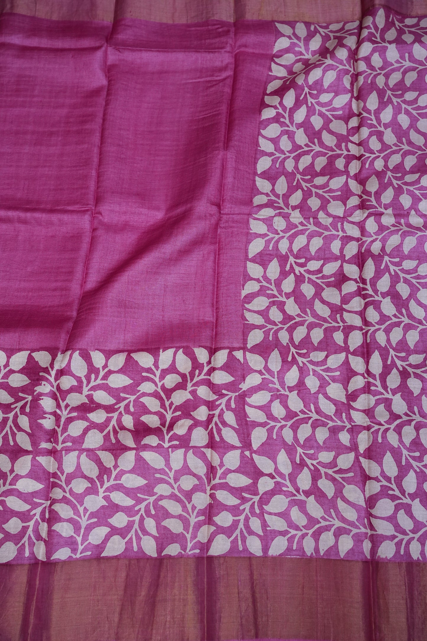Pure Tussar Silk Saree in Magenta Pink with Leaf Vines|Silk Mark Certified