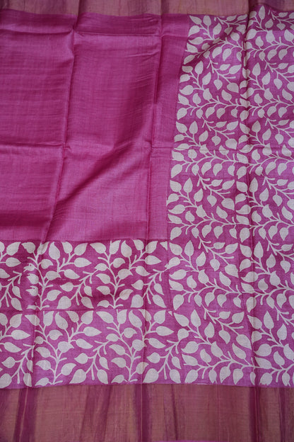Pure Tussar Silk Saree in Magenta Pink with Leaf Vines|Silk Mark Certified